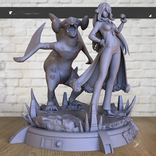 Cynthia Special Edition with Garchomp - Pokemon - STL 3D Print Files - 3D Printed Garage Kit ガレージキット Resin Model Scale Figure フィギュア